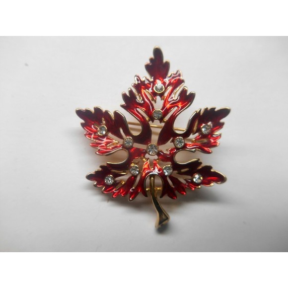 Vintage Red Enamel Rhinestone Maple Leaf Gold Tone Brooch Pin - Picture 1 of 2